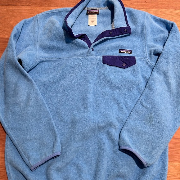 Patagonia Sweaters - Patagonia Light Blue Synchilla Fleece with Purple Trim
